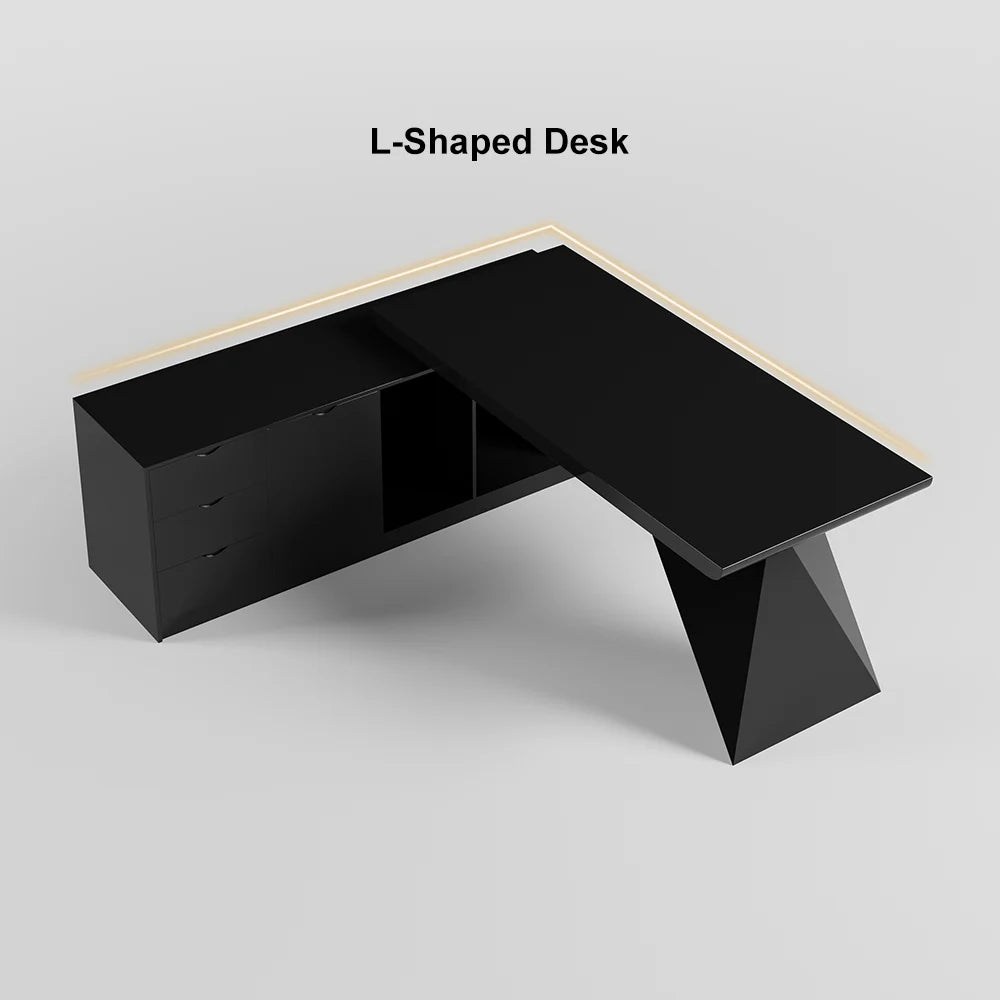 1800mm Modern Black L-Shape Executive Desk Drawers & Cabinet Large Office Desk Left Hand - 