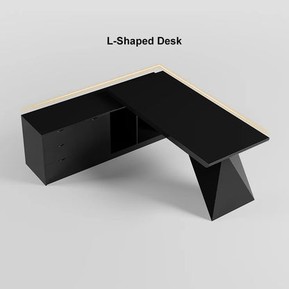 1800mm Modern Black L-Shape Executive Desk Drawers & Cabinet Large Office Desk Left Hand - 