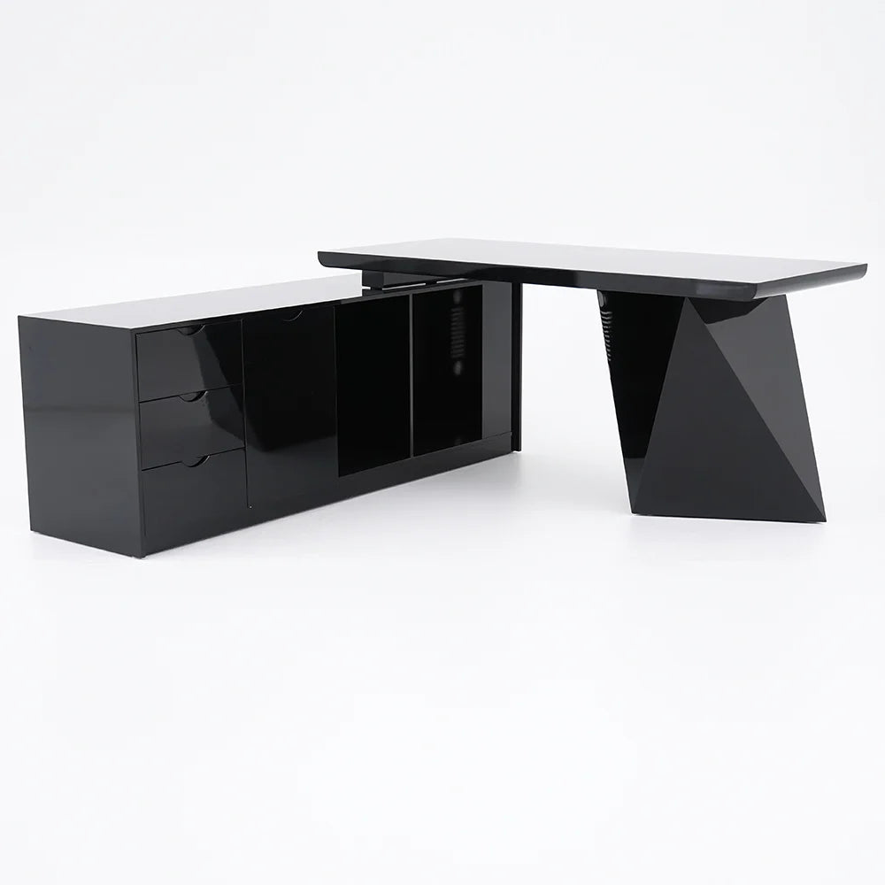 1800mm Modern Black L-Shape Executive Desk Drawers & Cabinet Large Office Desk Left Hand - 