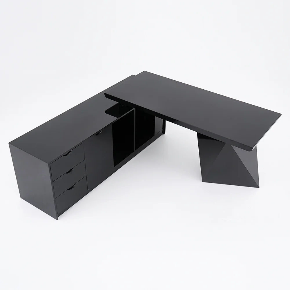 1800mm Modern Black L-Shape Executive Desk Drawers & Cabinet Large Office Desk Left Hand - 