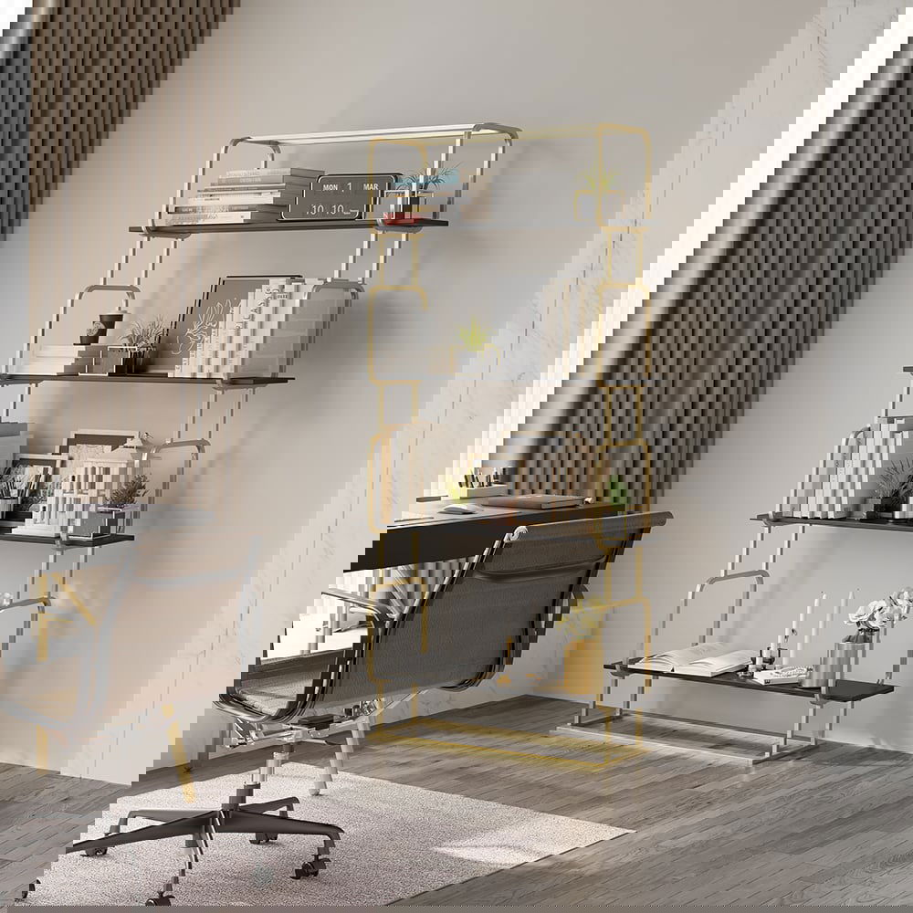 1800mm Modern Freestanding Etagere Bookshelf in Gold & White Bookshelf with Rich Storage - 