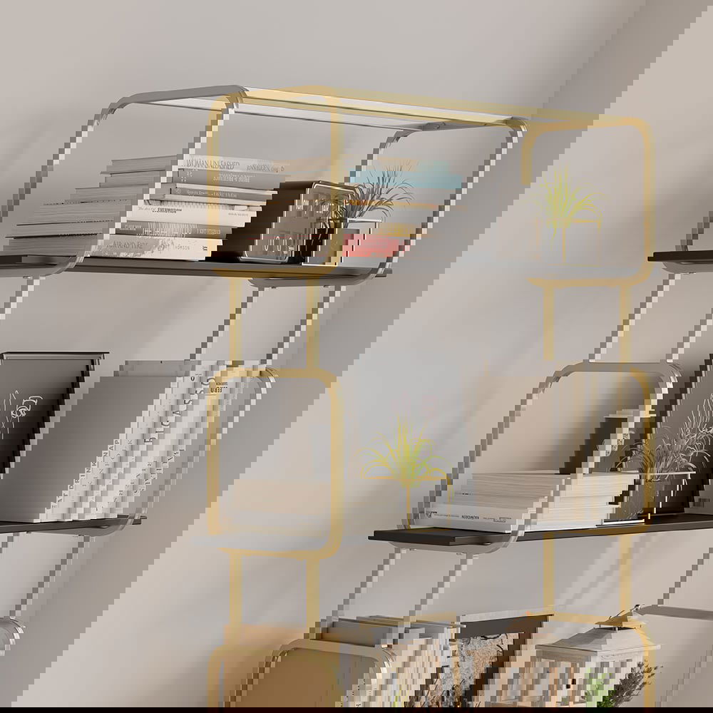 1800mm Modern Freestanding Etagere Bookshelf in Gold & White Bookshelf with Rich Storage - 