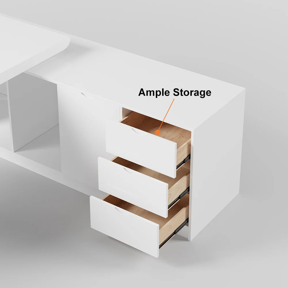 1800mm Modern White L-Shape Executive Desk Drawers & Cabinet Home Office Desk Right Hand - 