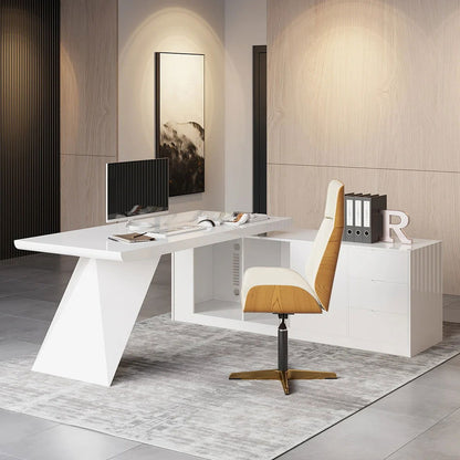 1800mm Modern White L-Shape Executive Desk Drawers & Cabinet Home Office Desk Right Hand - 