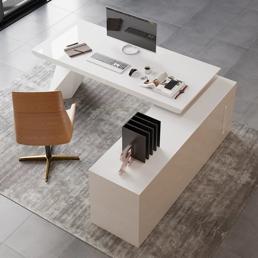 1800mm Modern White L-Shape Executive Desk Drawers & Cabinet Home Office Desk Right Hand - 