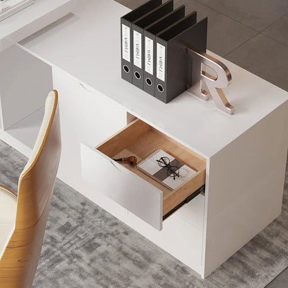 1800mm Modern White L-Shape Executive Desk Drawers & Cabinet Home Office Desk Right Hand - 