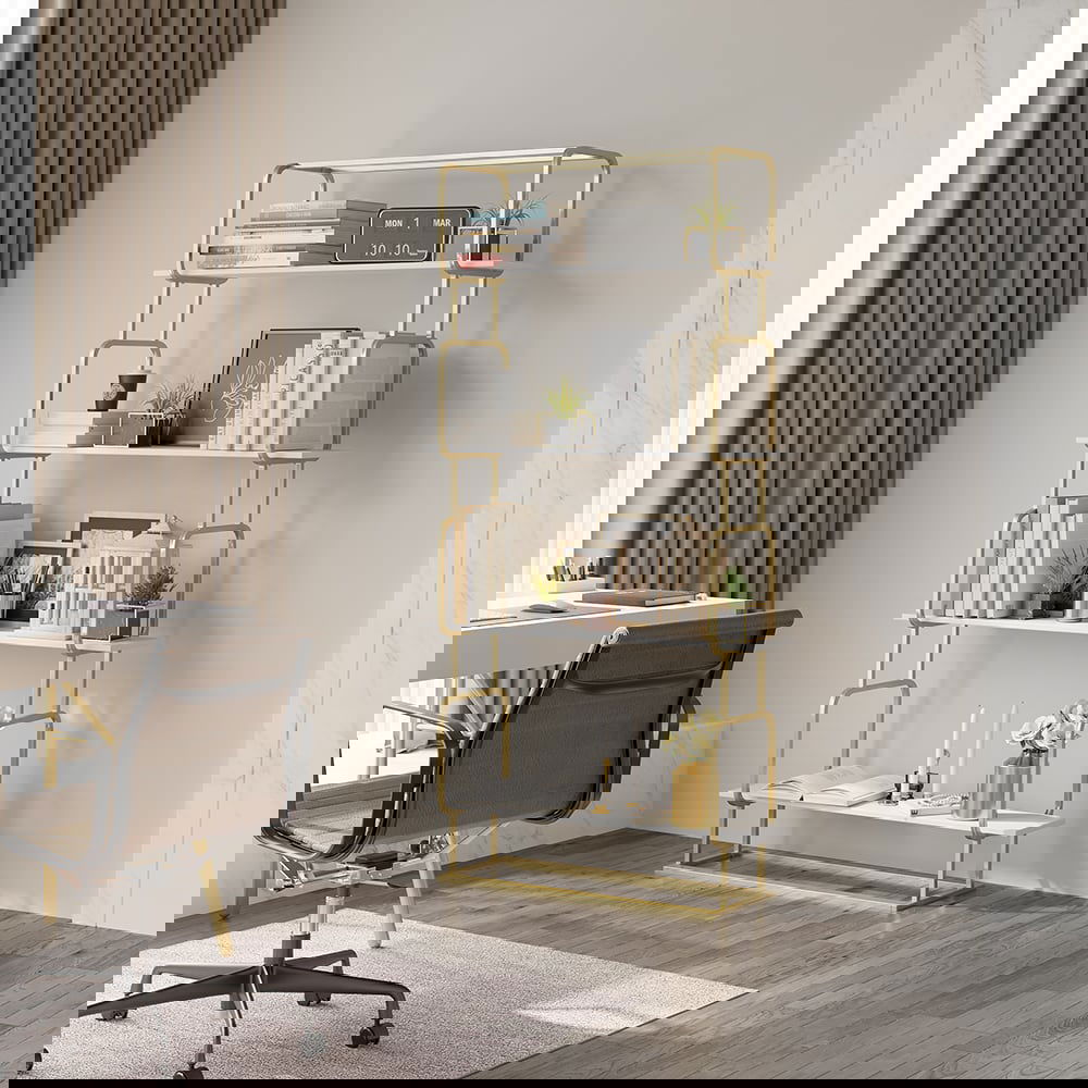 1800mm Modern White Tall Freestanding Wooden Office 4 Shelves Etagere Bookcase in Gold - 