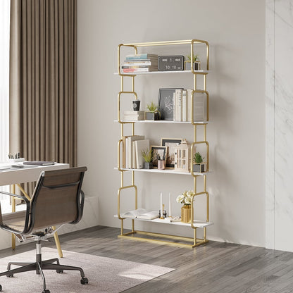 1800mm Modern White Tall Freestanding Wooden Office 4 Shelves Etagere Bookcase in Gold - 