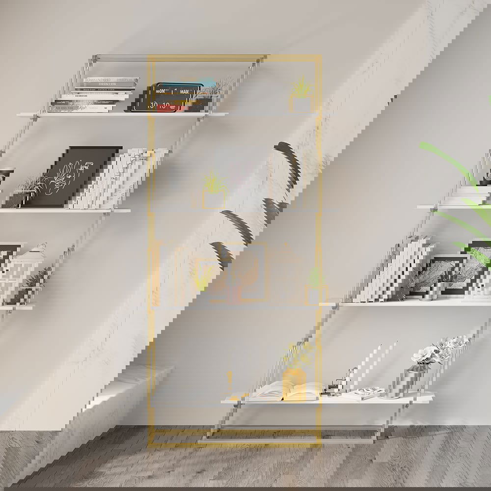 1800mm Modern White Tall Freestanding Wooden Office 4 Shelves Etagere Bookcase in Gold - 