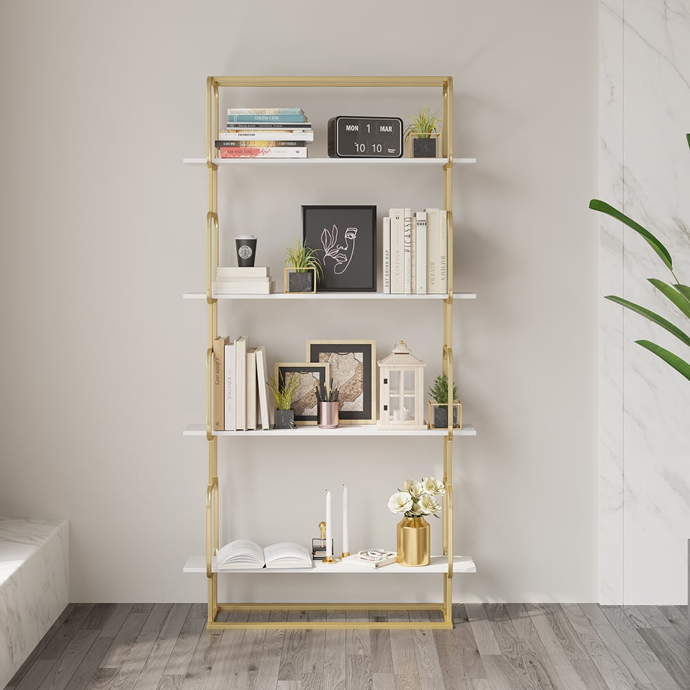 1800mm Modern White Tall Freestanding Wooden Office 4 Shelves Etagere Bookcase in Gold - 