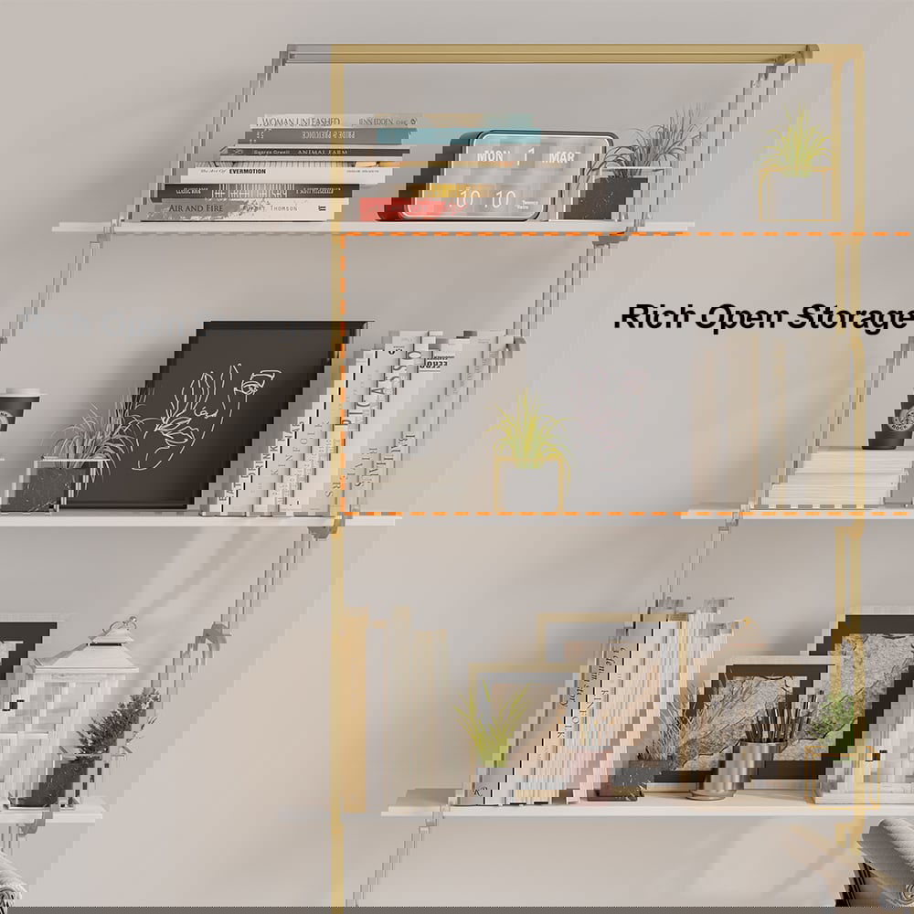 1800mm Modern White Tall Freestanding Wooden Office 4 Shelves Etagere Bookcase in Gold - 