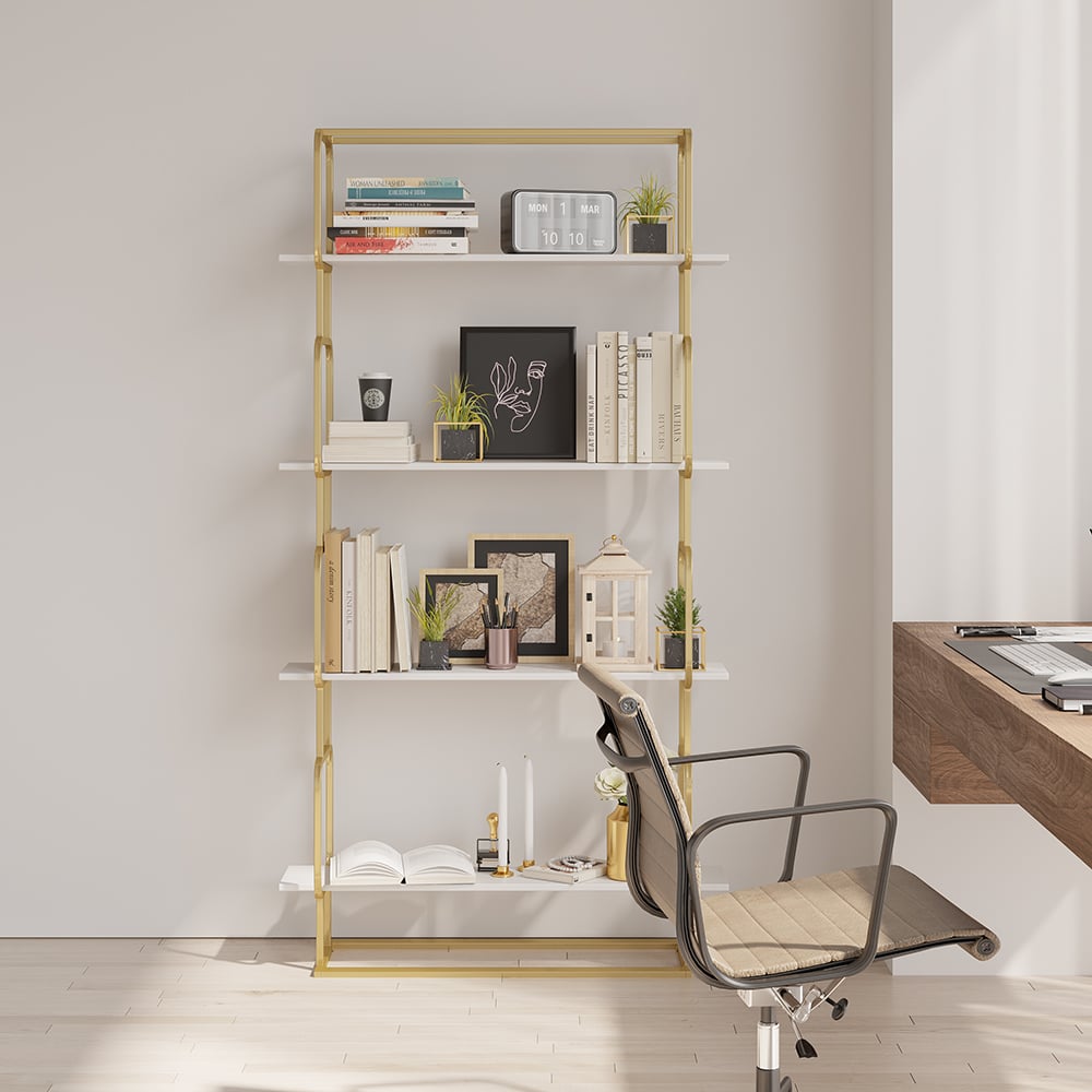 1800mm Modern White Tall Freestanding Wooden Office 4 Shelves Etagere Bookcase in Gold - 