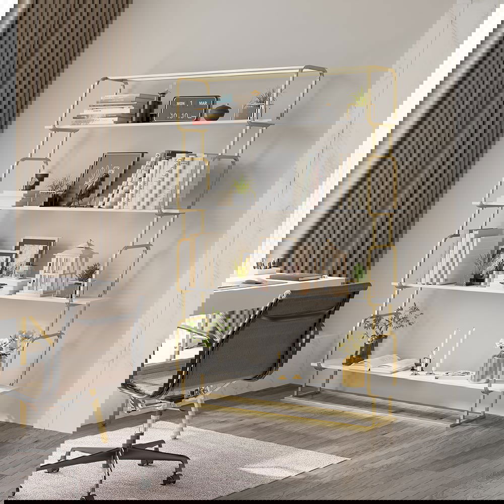 1800mm Modern White Tall Freestanding Wooden Office 4 Shelves Etagere Bookcase in Gold - 