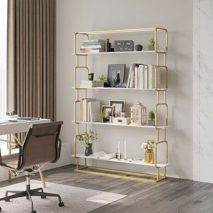 1800mm Modern White Tall Freestanding Wooden Office 4 Shelves Etagere Bookcase in Gold - 