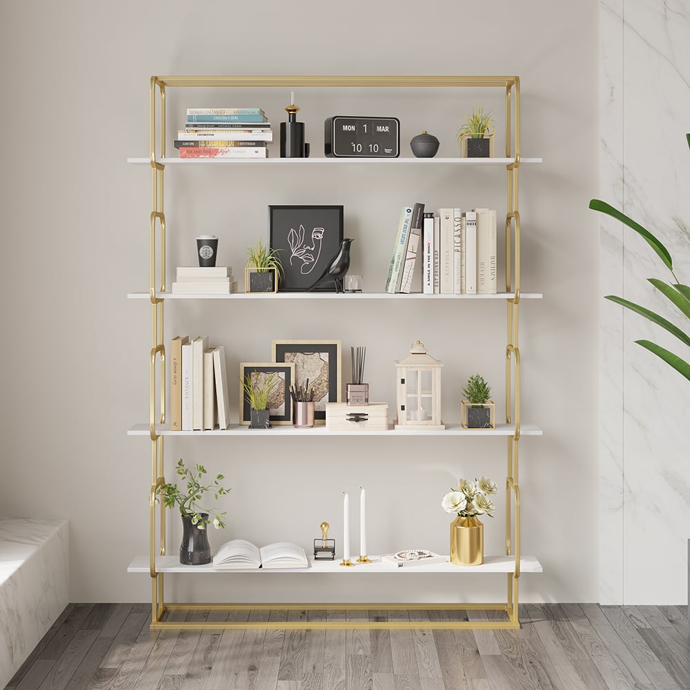 1800mm Modern White Tall Freestanding Wooden Office 4 Shelves Etagere Bookcase in Gold - 
