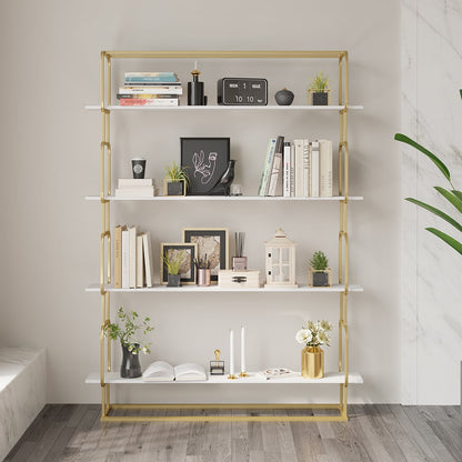 1800mm Modern White Tall Freestanding Wooden Office 4 Shelves Etagere Bookcase in Gold - 