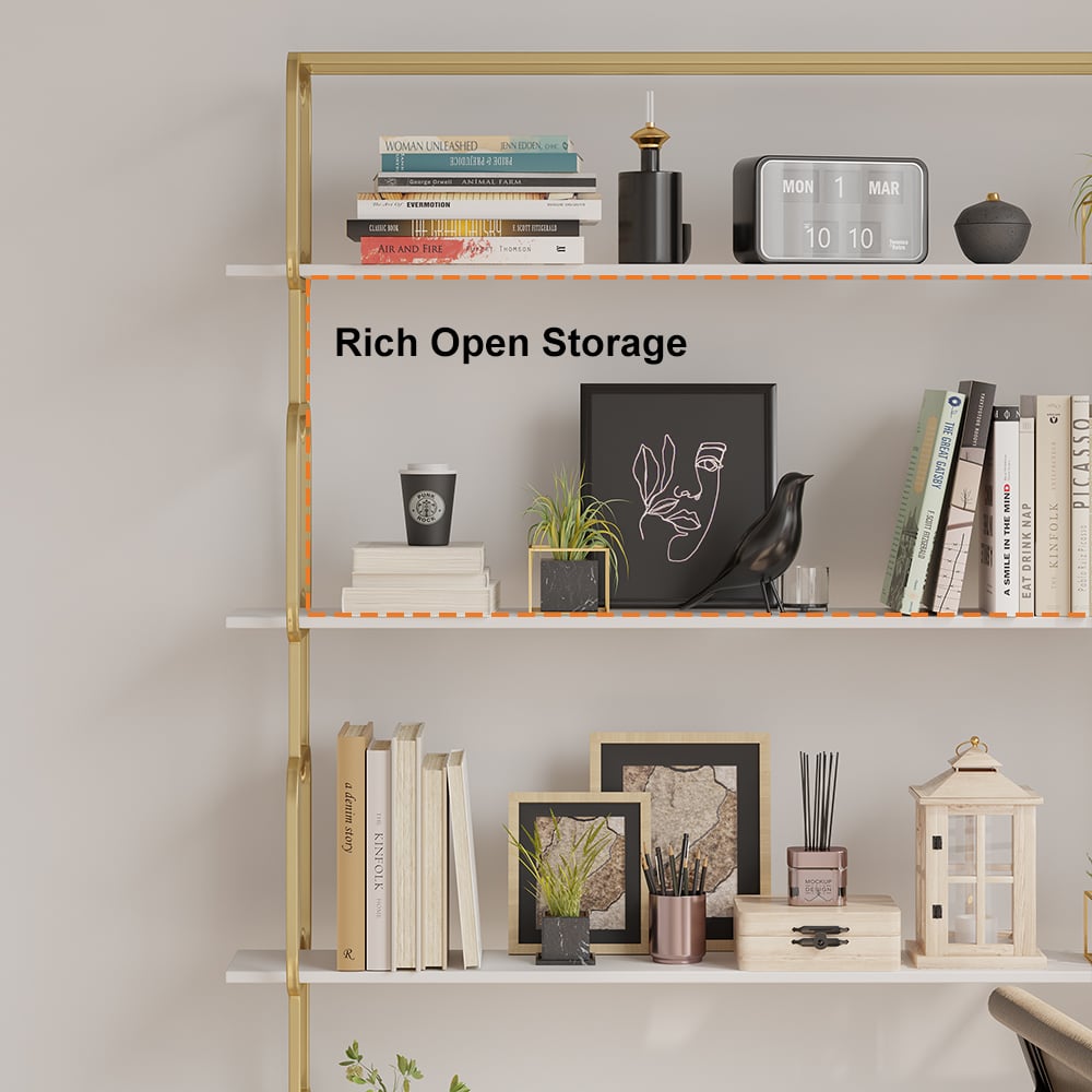 1800mm Modern White Tall Freestanding Wooden Office 4 Shelves Etagere Bookcase in Gold - 