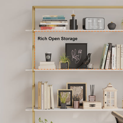 1800mm Modern White Tall Freestanding Wooden Office 4 Shelves Etagere Bookcase in Gold - 