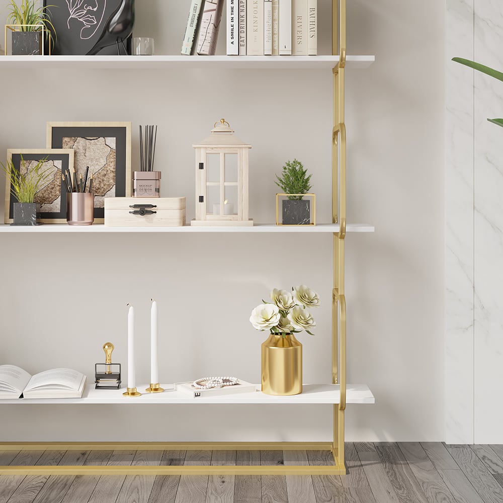1800mm Modern White Tall Freestanding Wooden Office 4 Shelves Etagere Bookcase in Gold - 