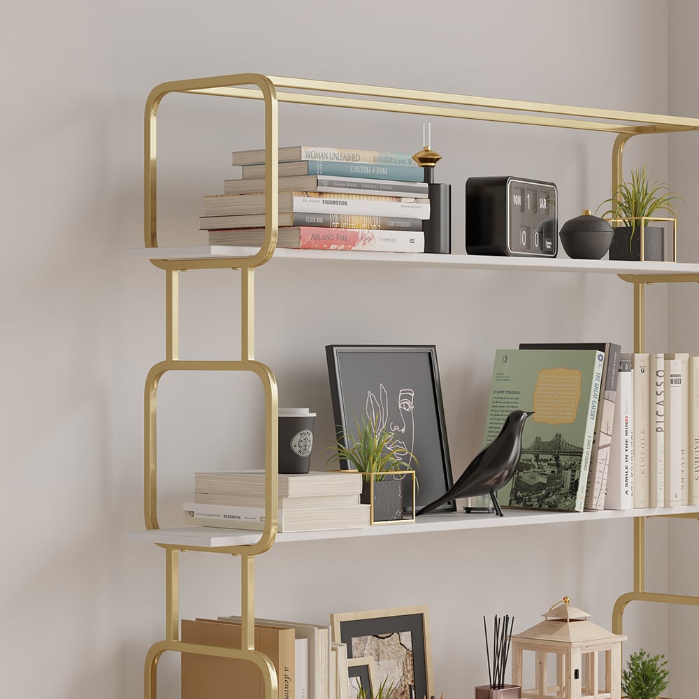 1800mm Modern White Tall Freestanding Wooden Office 4 Shelves Etagere Bookcase in Gold - 