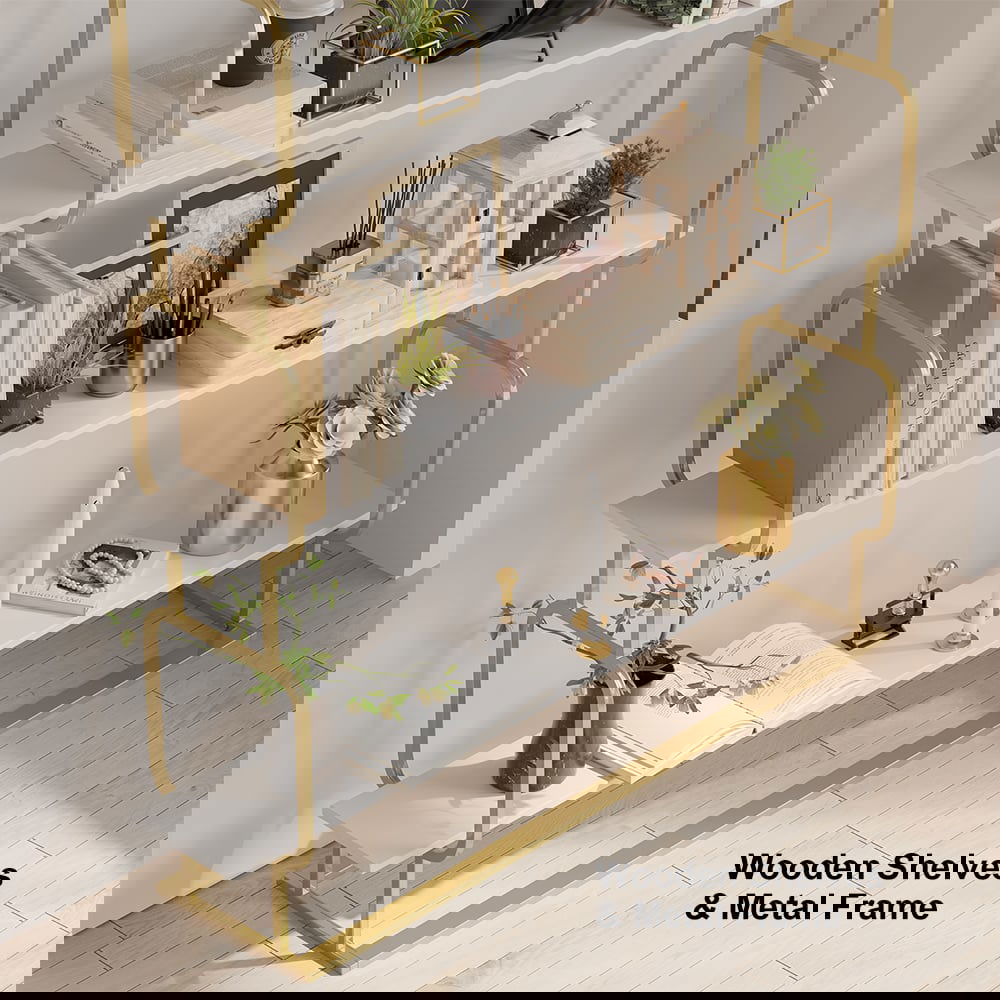 1800mm Modern White Tall Freestanding Wooden Office 4 Shelves Etagere Bookcase in Gold - 