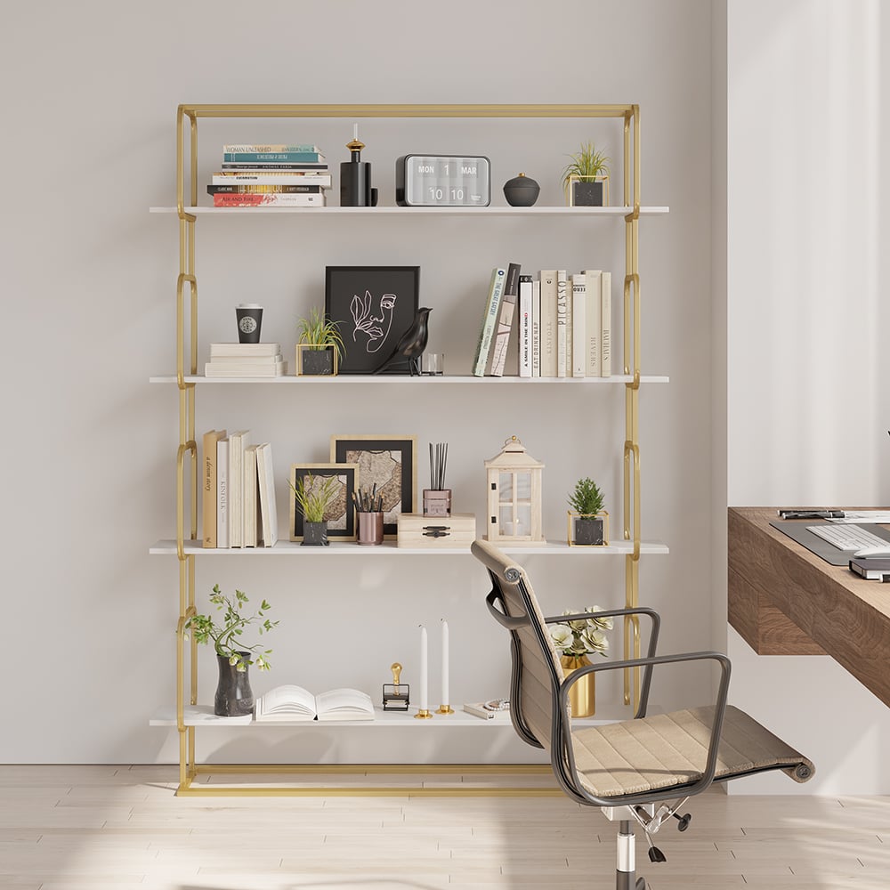 1800mm Modern White Tall Freestanding Wooden Office 4 Shelves Etagere Bookcase in Gold - 