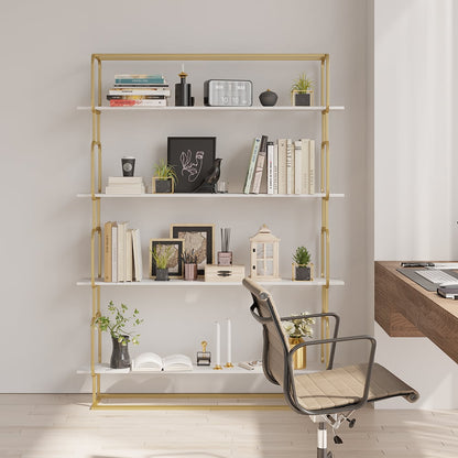1800mm Modern White Tall Freestanding Wooden Office 4 Shelves Etagere Bookcase in Gold - 
