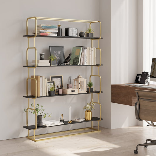 1800mm Modern White Tall Freestanding Wooden Office 4 Shelves Etagere Bookcase in Gold - 
