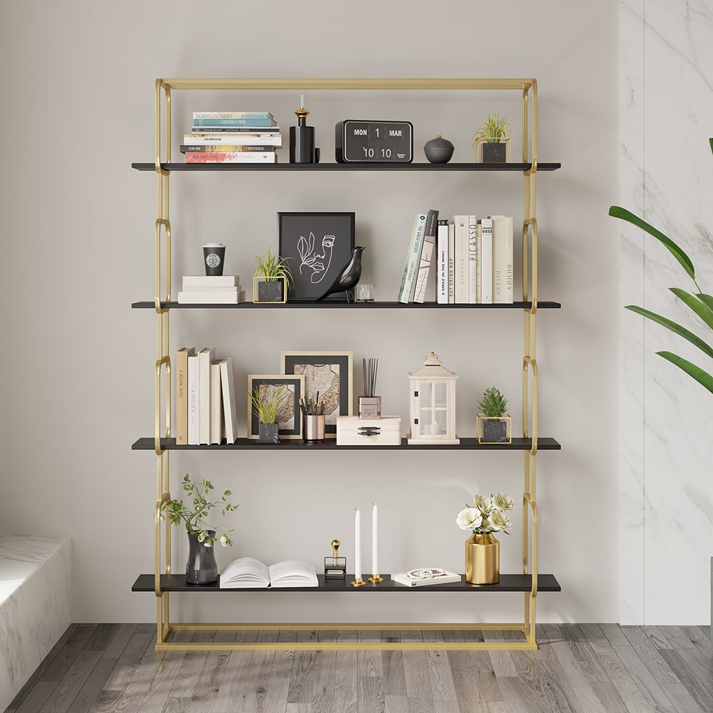 1800mm Modern White Tall Freestanding Wooden Office 4 Shelves Etagere Bookcase in Gold - 