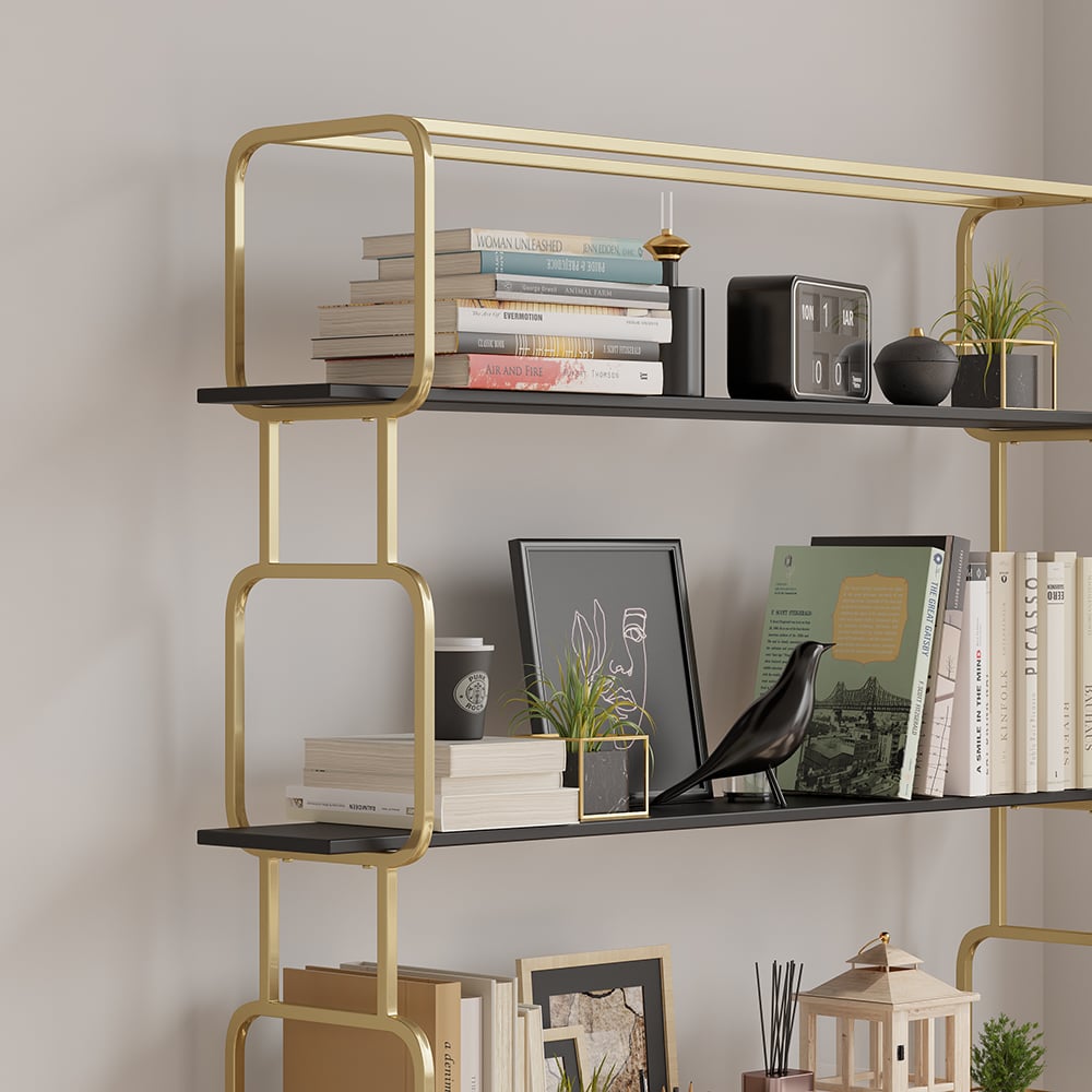 1800mm Modern White Tall Freestanding Wooden Office 4 Shelves Etagere Bookcase in Gold - 