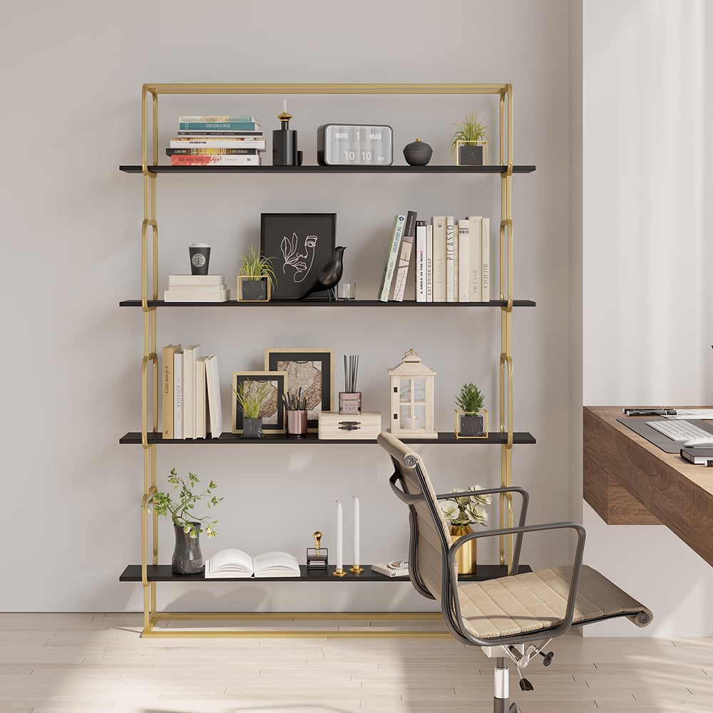 1800mm Modern White Tall Freestanding Wooden Office 4 Shelves Etagere Bookcase in Gold - 