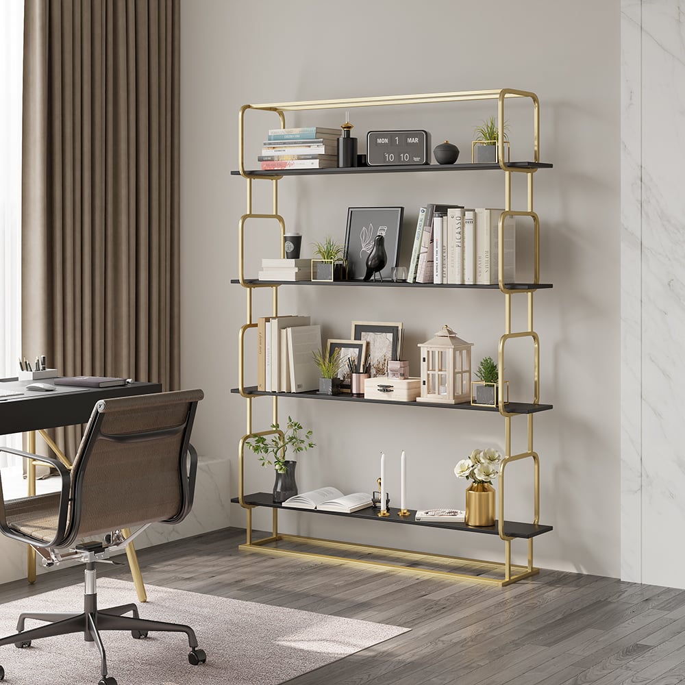 1800mm Modern White Tall Freestanding Wooden Office 4 Shelves Etagere Bookcase in Gold - 