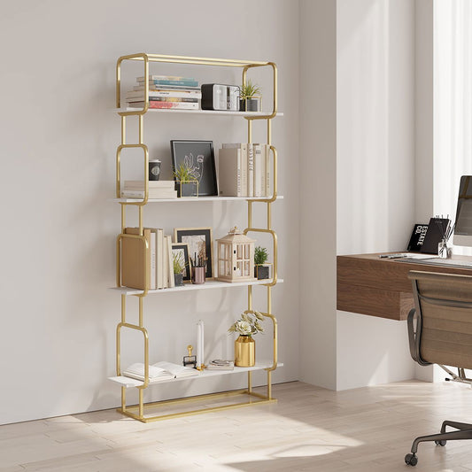 1800mm Modern White Tall Freestanding Wooden Office 4 Shelves Etagere Bookcase in Gold - Homary