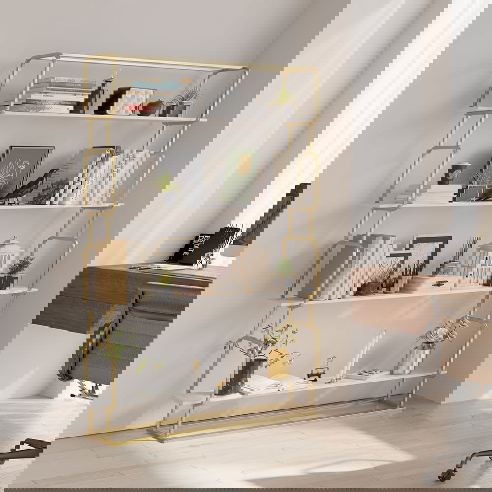 1800mm Modern White Tall Freestanding Wooden Office 4 Shelves Etagere Bookcase in Gold - Homary