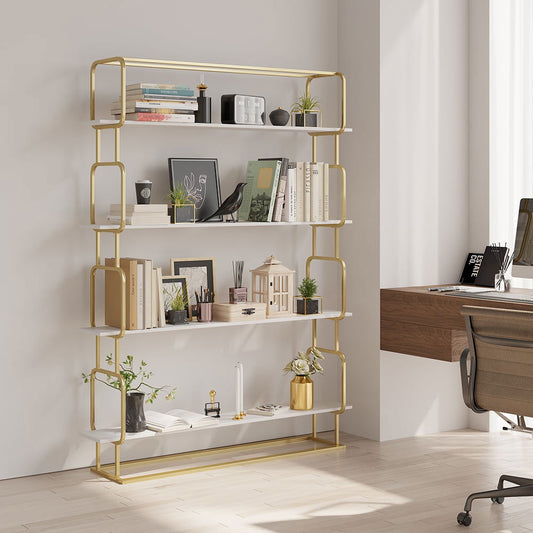 1800mm Modern White Tall Freestanding Wooden Office 4 Shelves Etagere Bookcase in Gold - Homary