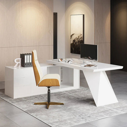 1800mm Modern White Writing Desk with Drawers & Cabinet L-Shap Computer Desk Left Hand - 