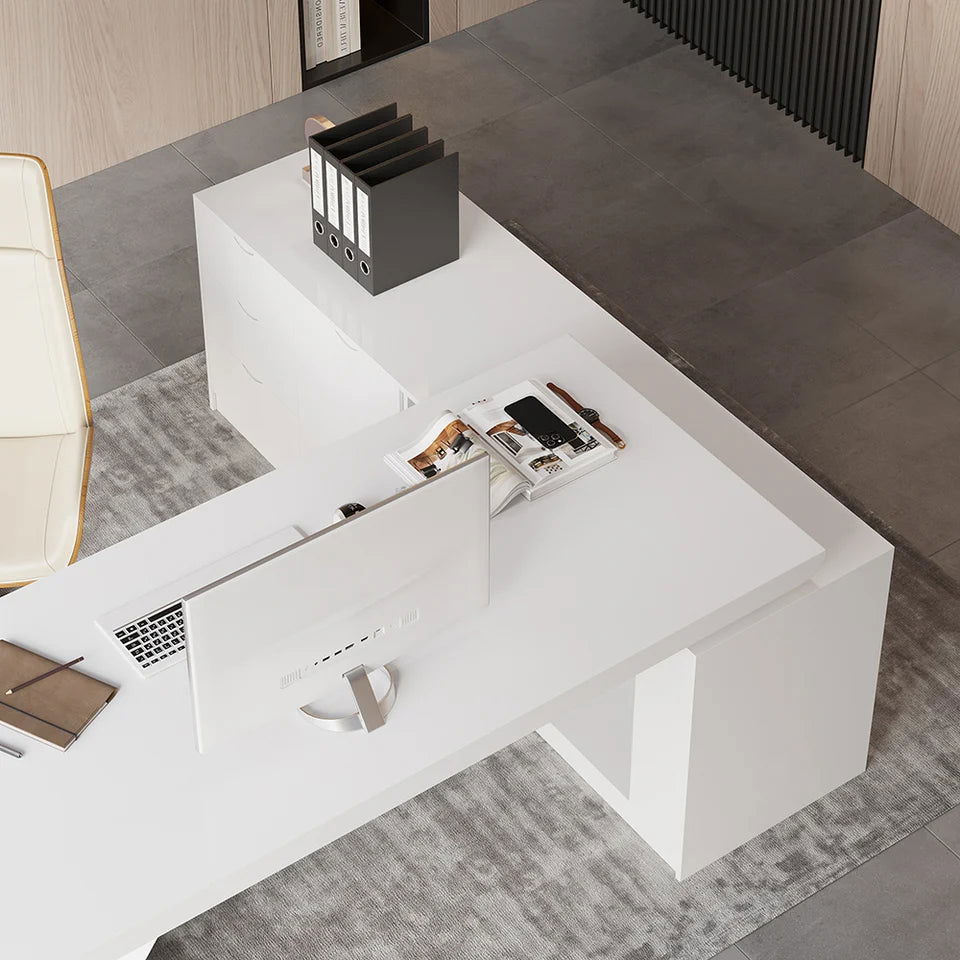 1800mm Modern White Writing Desk with Drawers & Cabinet L-Shap Computer Desk Left Hand - 