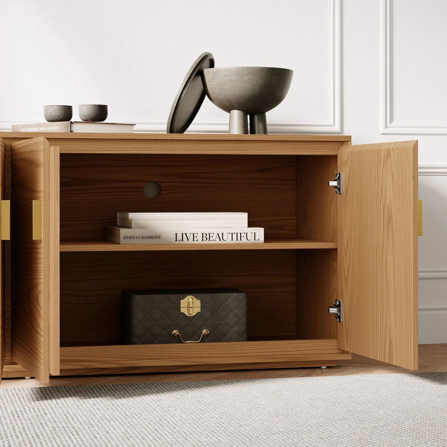 1800mm Natural Wood Tall TV Stand with Storage - 