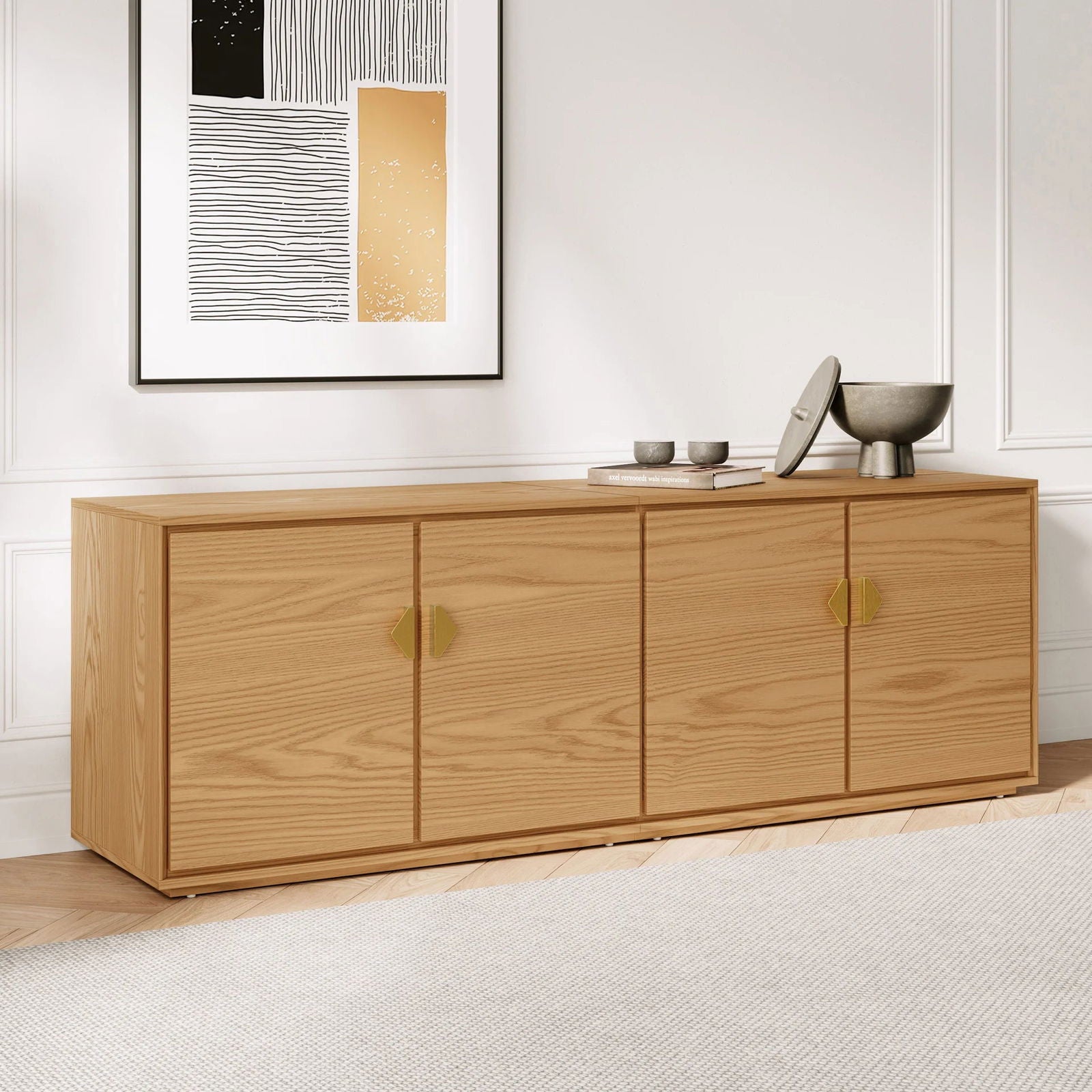 1800mm Natural Wood Tall TV Stand with Storage - Homary