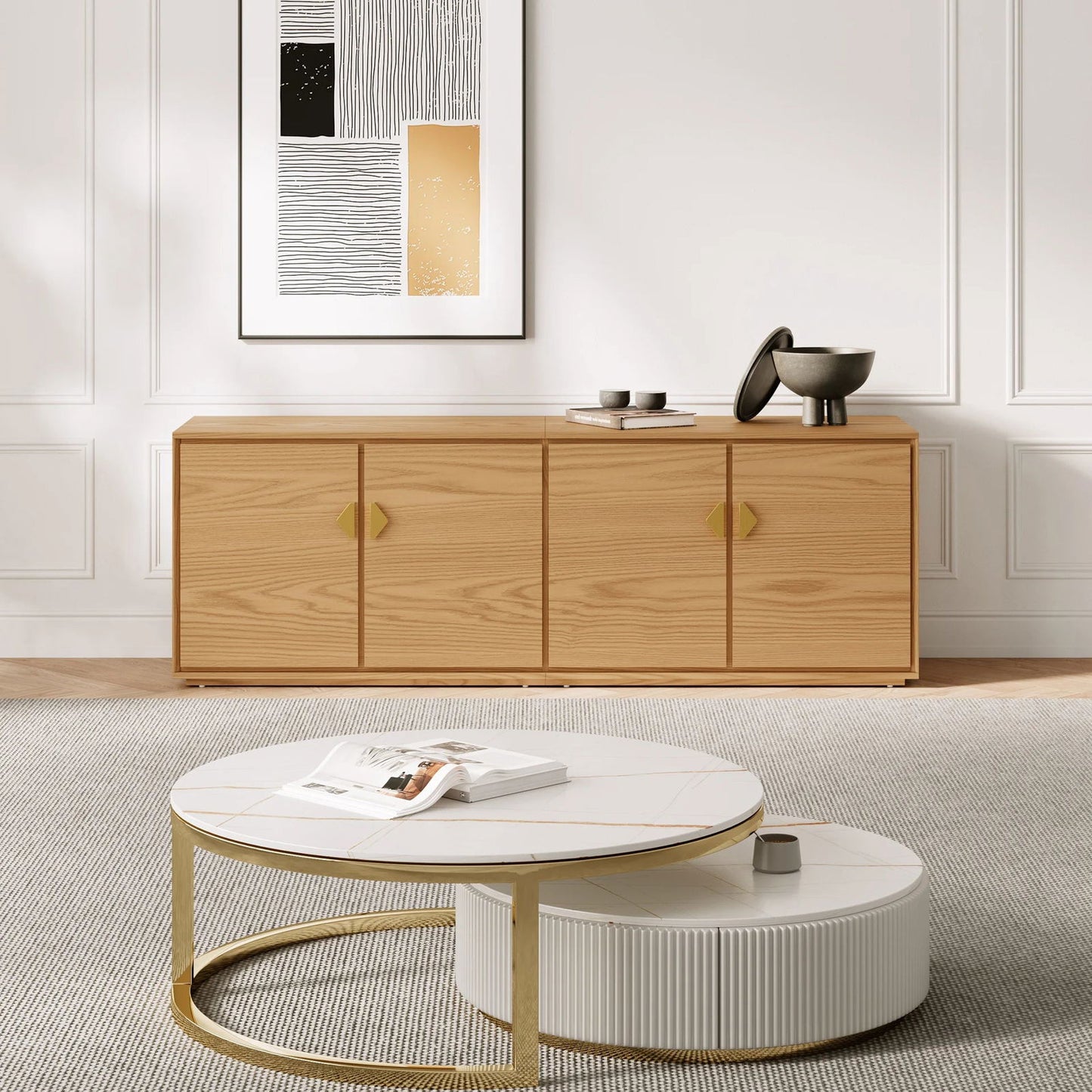 1800mm Natural Wood Tall TV Stand with Storage - Homary