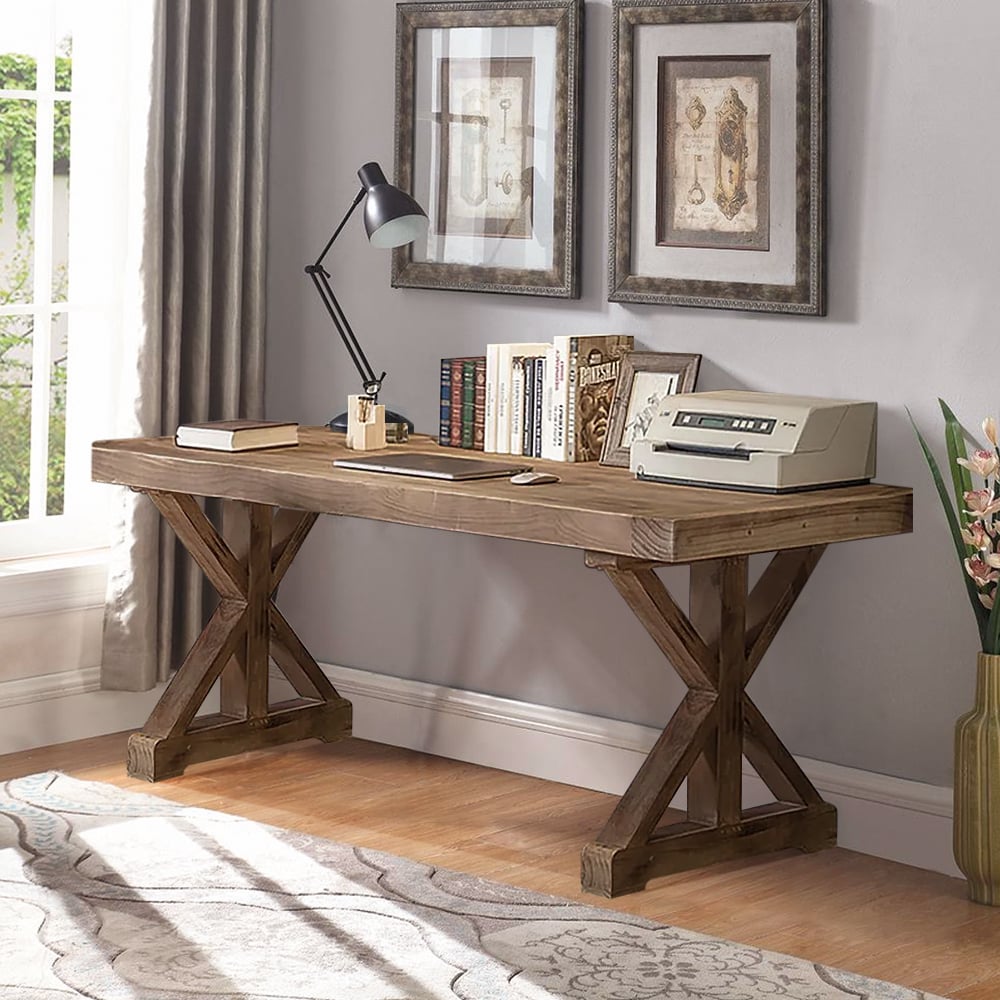 1800mm Rustic Farmhouse Computer Desk in Natural with Trestle Base Wooden Office Desk - 