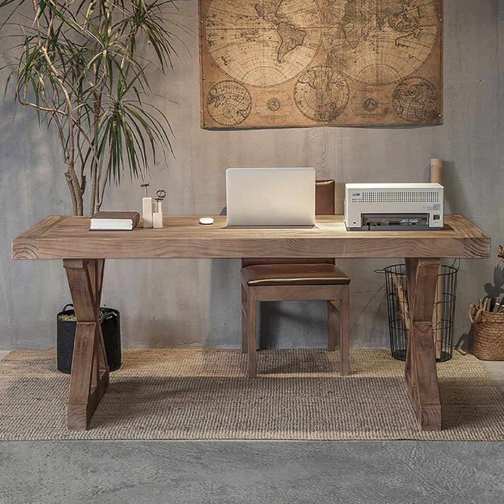 Rustic Spanned Desktop For Computer 1800mm Rustic Farmhouse Computer Desk in Natural with Trestle Base Woo ...