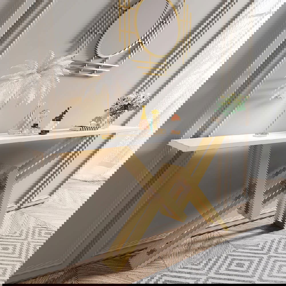 1800mm White & Gold Narrow Console Table Accent Table For Hallway X Base Metal - Homary