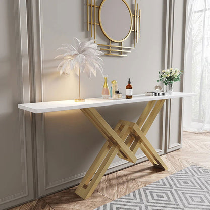 1800mm White & Gold Narrow Console Table Accent Table For Hallway X Base Metal - Homary