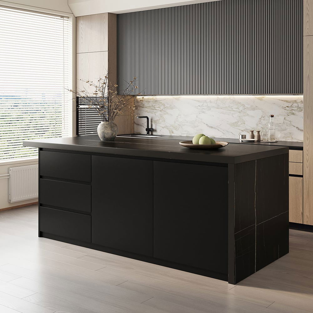 1830mm Large Black Kitchen Island with Storage Cabinet Marble Veneered Top - 