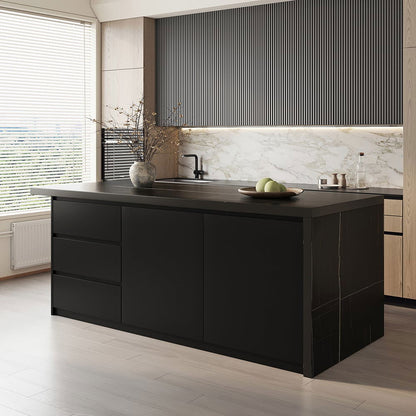 1830mm Large Black Kitchen Island with Storage Cabinet Marble Veneered Top - 