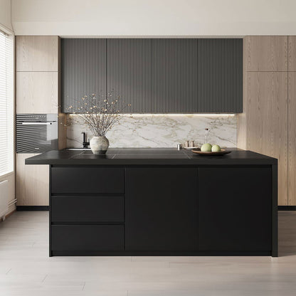1830mm Large Black Kitchen Island with Storage Cabinet Marble Veneered Top - 