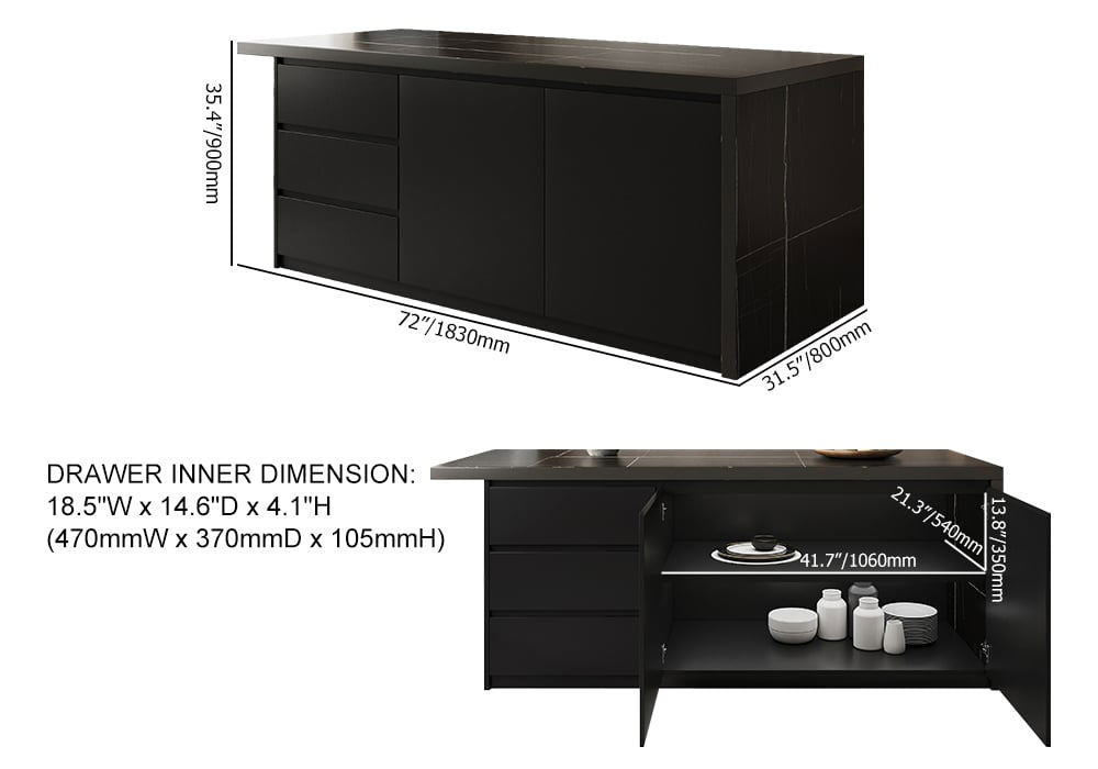 1830mm Large Black Kitchen Island with Storage Cabinet Marble Veneered Top - 
