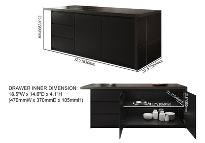 1830mm Large Black Kitchen Island with Storage Cabinet Marble Veneered Top - 