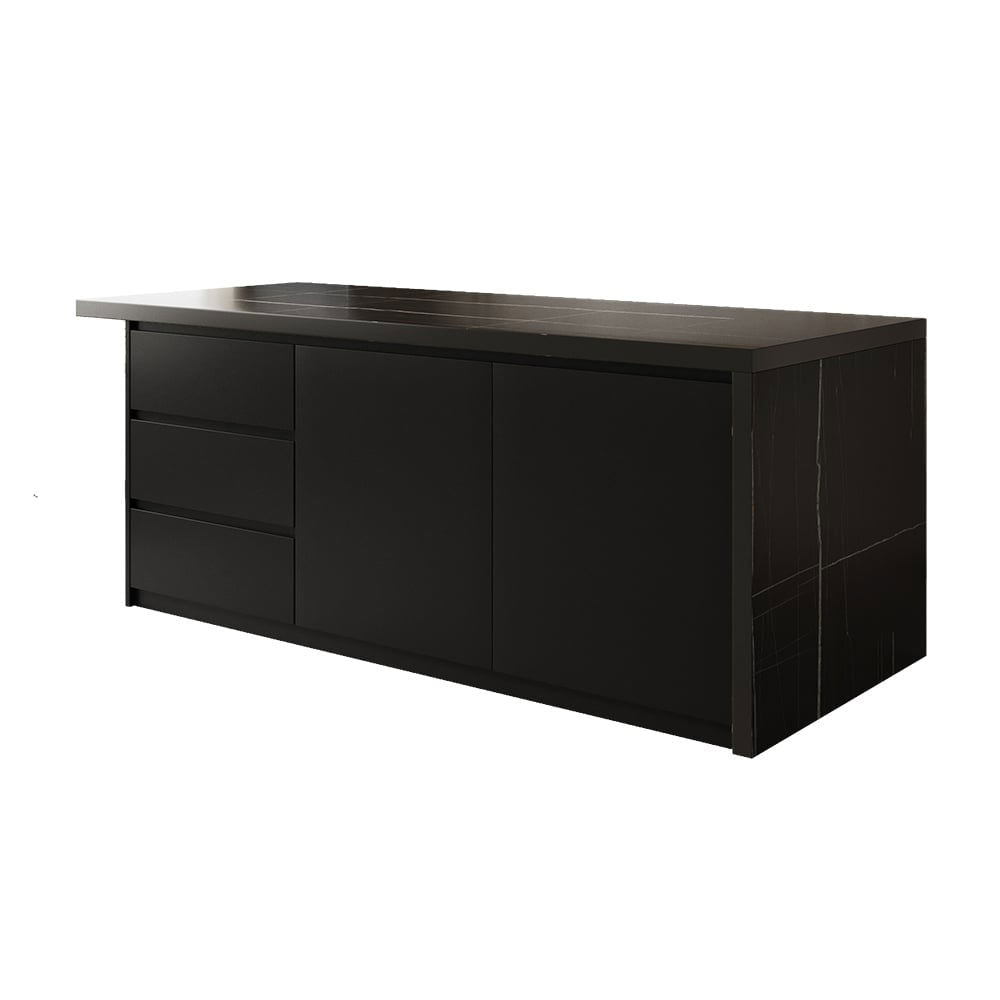 1830mm Large Black Kitchen Island with Storage Cabinet Marble Veneered Top - 